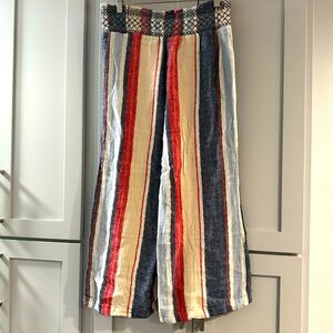 Indigo Rein Elastic Waist Flowy Crop Striped Pants Yellow White Blue Red Medium